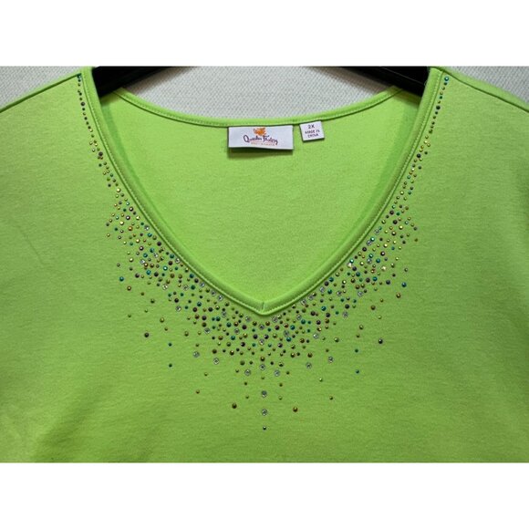 Quacker Factory Womens Beaded V-Neck Tee Top 2X Green Short Sleeve Cotton - Picture 4 of 11